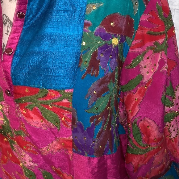 🦋OOAK Rainbow Patchwork Silk Embellished Tunic Top - Picture 7 of 16